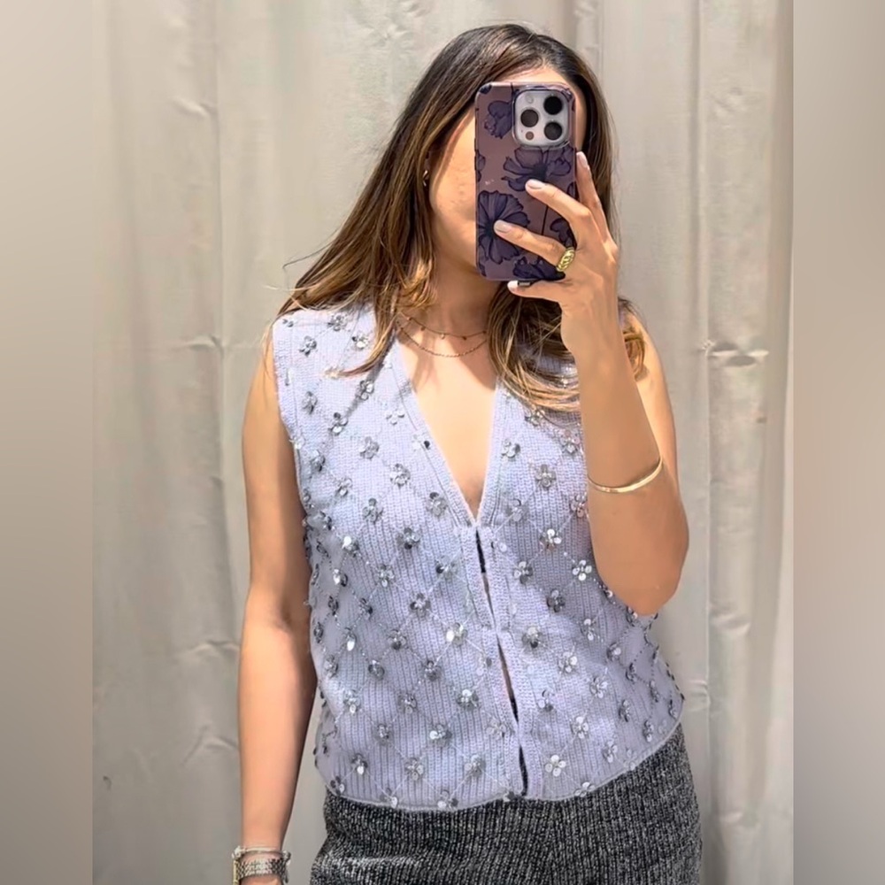 ZARA Beaded Knit & Tulle Vest Top Lilac Purple 5063/827